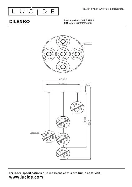 Lucide DILENKO - Lámpara colgante - Ø 31 cm - LED Regul. - 5x3,5W 2700K - Oro mate / Latón - técnico